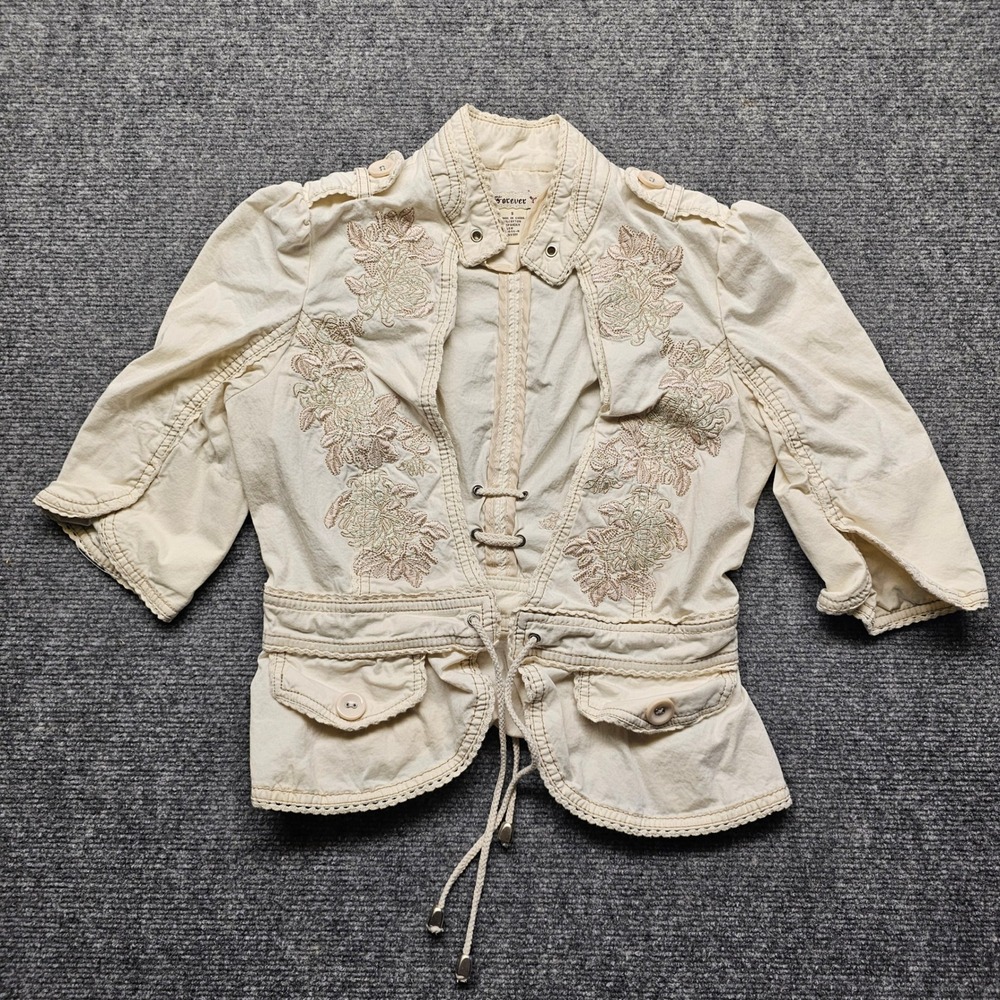 Forever 21 Cream Floral Embroidered Utility Jacket Puff Sleeve Peplum Small